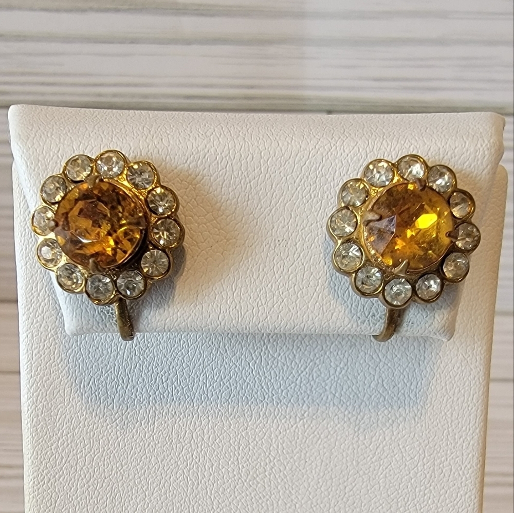 Vintage Coro Amber Rhinestone Halo Gold Tone Screw Back Earrings